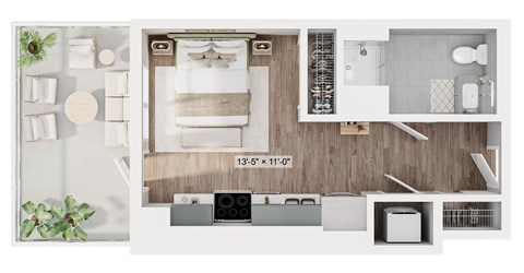 A top-down view of a bedroom with a bed, nightstand, and a plant.